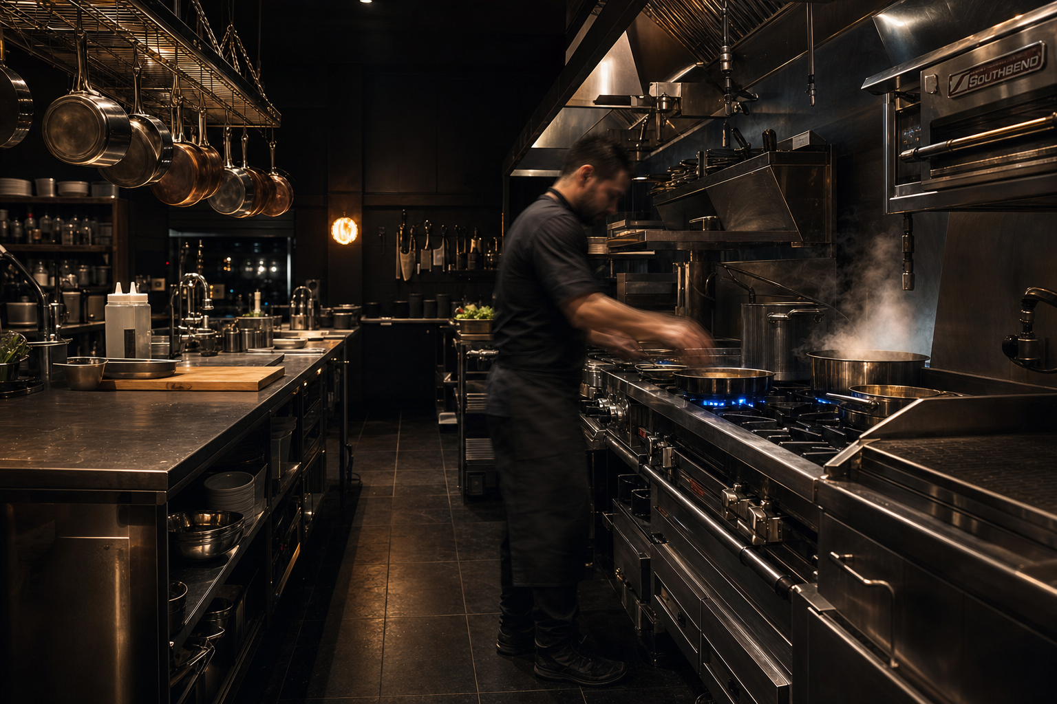 Chef aan het werk in een professionele productiekeuken vol stoom en beweging